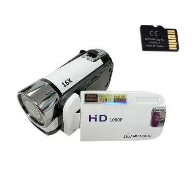 16MP HD Digitalna Kamera Kamkorder s Spominsko Kartico - 1080p, 16x Zoom White