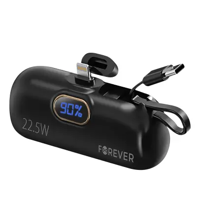 Forever, Zunanja baterija 5000 mAh Lightning priključek + integriran kabel USB C, Črna