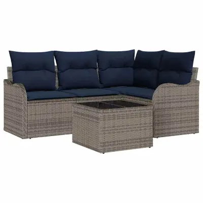 vidaXL Vrtna sedežna garnitura z blazino 5 pcs Siva Poly ratan