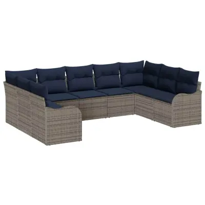 vidaXL Vrtna sedežna garnitura z blazino 9 pcs Siva Poly ratan