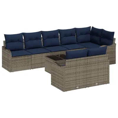 vidaXL Vrtna sedežna garnitura z blazino 9 pcs Siva Poly ratan