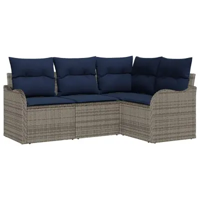 vidaXL Vrtna sedežna garnitura z blazino 4 pcs Siva Poly ratan