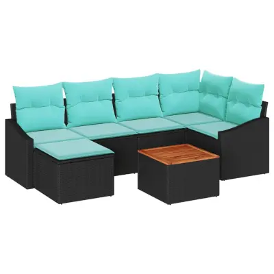 vidaXL Vrtna sedežna garnitura z blazino 7 pcs Črna Poly ratan