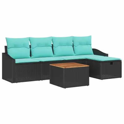 vidaXL Vrtna sedežna garnitura z blazino 6 pcs Črna Poly ratan