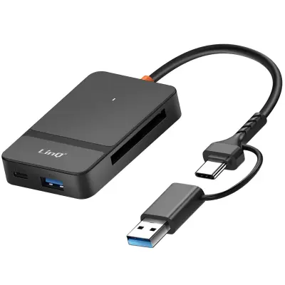 LinQ, 8-v-1 hub za branje kartic USB in USB-C s funkcijo polnjenja pametnega telefona, Črna
