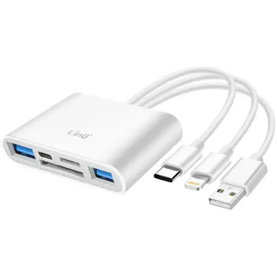 LinQ, 3-v-1 hub za branje kartic SD / USB / USB-C / Lightning, Bela