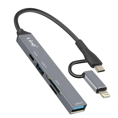 LinQ, Vozlišče USB-C in Lightning OTG 1x vrata USB-C + 2x USB + kartica SD / TF, Črna