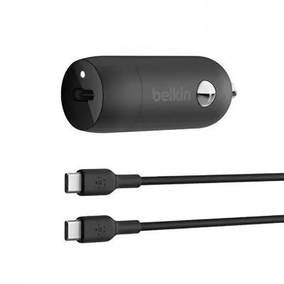 Belkin, 30W avtomobilski polnilnik USB-C v paketu z 1m ultra hitrim kablom USB-C USB-C, Črna