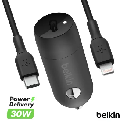 Belkin, Polnilec za avto USB-C 30W iPhone Lightning kabel vključen, Črna