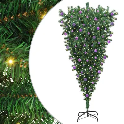 vidaXL Obrnjen umetni božični drevesec s setom kroglic Zelena 210 cm