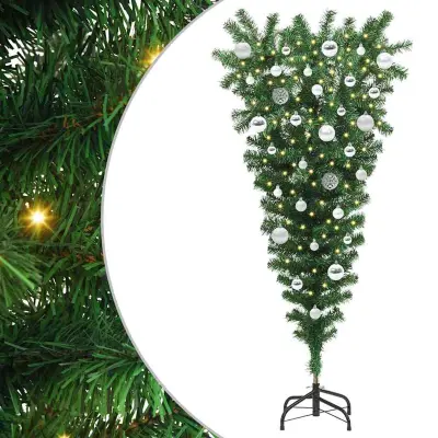 vidaXL Umetno obrnjen božični drevesec s setom kroglic Zelena 150 cm