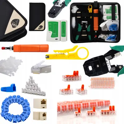 Rosfix Komplet omrežnih orodij v torbici (tester kablov RJ45/RJ11, klešče in dodatki) v1 + Rosfix Komplet hitrih spojk 75 kosov v plastični škatl