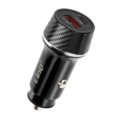 LinQ, 38W USB-C + USB za hitro polnjenje avtomobilskega polnilnika Karbonska zasnova, Črna