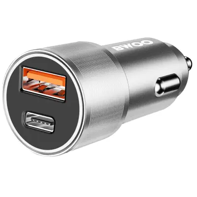 Bwoo, 38W USB-C + USB Rapid Charge avtomobilski polnilnik s kompaktno LED diodo, Srebrna