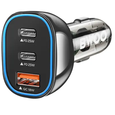 Bwoo, Avtomobilski polnilec 2 USB-C + USB Rapid Charge 65W z LED osvetlitvijo, Prozorno črna