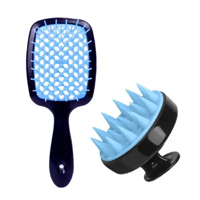 Črno-modri dvodelni komplet za nego las: glavnik za razčesavanje in masažer lasišča