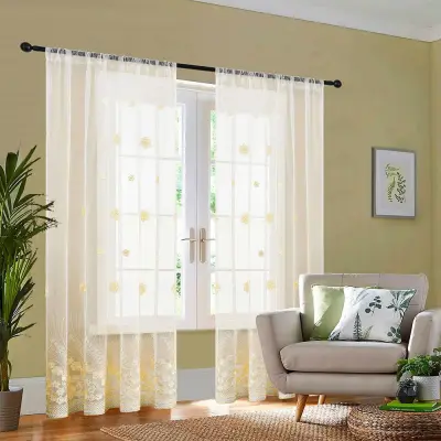 Rumena Vezenina Cvetlična Prosojna Zavesa z Utori za Dnevno Sobo  S