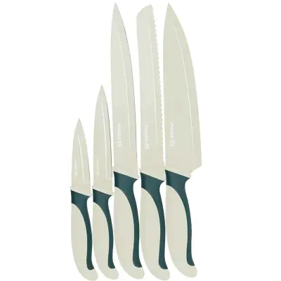 Alpina, Set 5 kuhinjskih nožev iz nerjavečega jekla, protizdrsna rezila, Zelena