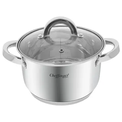 Cheffinger, Marmite Inox s steklenim pokrovom 20 cm 3.9L združljiv indukcijski štedilnik, Srebrna