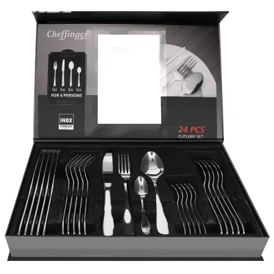 Cheffinger, Elegantni set pribora za 6 oseb s 24 kosi, Srebrna