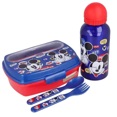 Mickey Mouse, Set Posode za Malico s Stekleničko za Vodo 400ml in Priborom iz Plastike brez BPA, Kraljevsko modra
