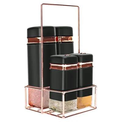 Cheffinger, Set 4 posod za začimbe z elegantnim, trdnim kovinskim stojalom, Črna