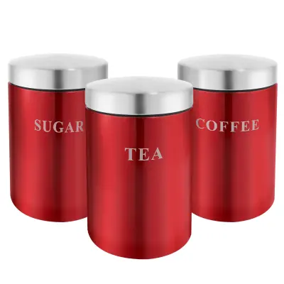 Cheffinger, Set 3 škatel iz nerjavečega jekla za kavo, čaj, sladkor, hermetično zaprte, Rdeča