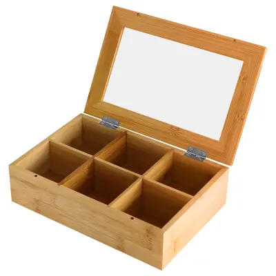 Cheffinger, Steklena škatla za čaj 6 elegantnih in praktičnih predalov za shranjevanje, Svetlo rjava