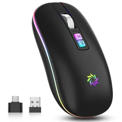 Tiha miška z dvojnim načinom delovanja: Brezžična Bluetooth 5.1 z možnostjo polnjenja   D