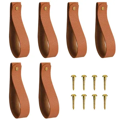 Set 6 Rjavih PU Usnjenih Stenskih Kljuk - Okrasni Viseči Trakovi z Medeninastimi Vijaki Brown