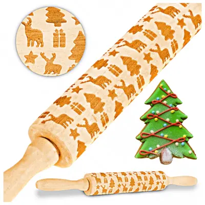 Božično oblikovan, lesen strukturiran graviran valjar za medenjake