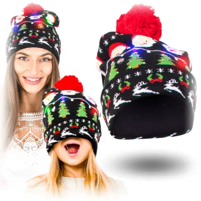 LED božična kapa za ženske in moške, zimska, s cofom, svetleča, topla, črna