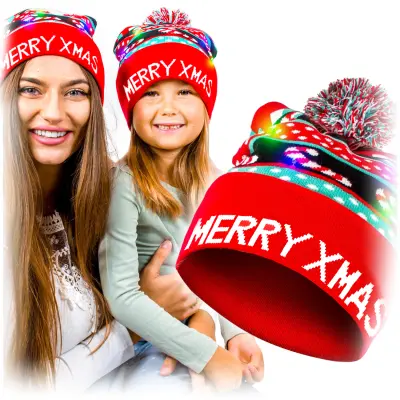 Topla LED božična kapa za ženske in moške, zimska, s cofom, svetleča rdeča