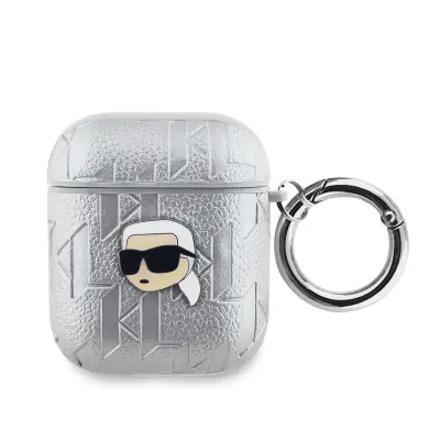 Karl Lagerfeld, Ohišje za AirPods 1 / 2 z monogramom in reliefnim motivom Karl Head, Srebrna
