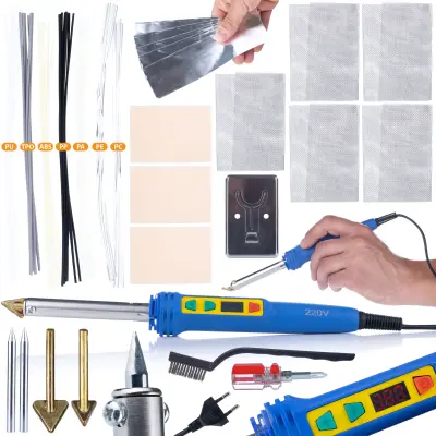 ROSFIX SET SPAJKALNIK ZA PLASTIKO BLUE KONG RBK120W – 120W, 200–600°C, 5 MREŽIC, 7 TIPOV PLASTIKE | ZA POPRAVILO IN VARJENJE PLASTIKE