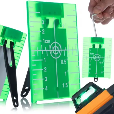 ROSFIX PLATE TARČA ZA LASERSKO NIVELIRKO – MAGNETNA, 3D SKALA, 10X7 CM, ZELENI STOJALO | ZA NATANČNE MERITVE