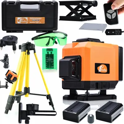 ROSFIX SET LASERSKI NIVELIR ROT12L – 12 LINIJ, 360°, IP54, 25 M, 2X3500 MAH, STATIV 43–120 CM | Z DALJINCEM