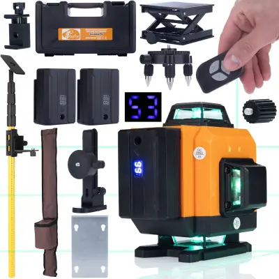 ROSFIX SET LASERSKI NIVELIR ROT16L – 16 LINIJ, 360°, IP54, 25 M, 2X 3500 MAH, STOJALO 285 CM | Z DALJINCEM