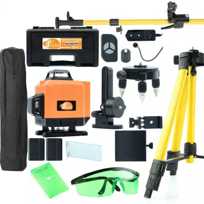 ROSFIX SET LASERSKI NIVELIR ROT12L – 12 LINIJ, IP54, 25 M, 3500 MAH | S STATIVOM, OČALI, TYČKO 3,5 M