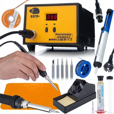 ROSFIX SET SPAJKALNA POSTAJA 937D+ – 60W, LED, 200–480 °C, ESD, 5 GROTOV, ODSESOVALEC | 30×20 CM MATA