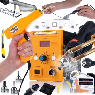 ROSFIX SET SPAJKALNA POSTAJA 858D + LUTALNIK + SPENJAČ ZA PLASTIKO – 700W, 100–500 °C, 200 SPONK | LED, ESD, KOVČEK