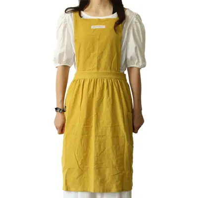 Lanena bombažna predpasnik - Cross Back Pinafore za umetnost, kavarno in delo Yellow