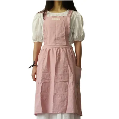 Lanena bombažna predpasnik - Cross Back Pinafore za umetnost, kavarno in delo Pink