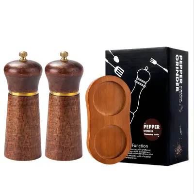 Komplet mlinčkov za poper iz hrastovega lesa v retro barvi, 5-palčni, z lesenim podstavkom