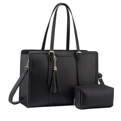 Eleganten komplet črnih torbic iz PU usnja: torba za prenosnik in torbica