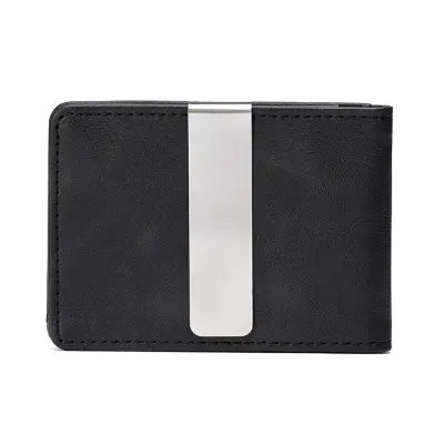 Moška denarnica za kartice iz usnja Crazy Horse z denarno sponko iz nerjavečega jekla Black