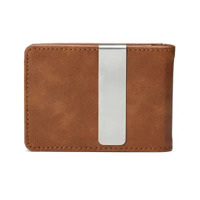 Moška denarnica za kartice iz usnja Crazy Horse z denarno sponko iz nerjavečega jekla Brown