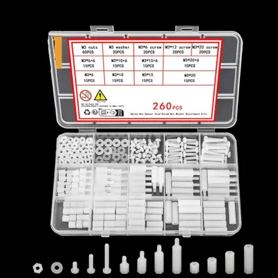 260PCS Komplet belih najlonskih distančnih vijakov in matic M3 z navojem