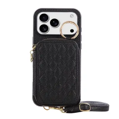 Eleganten etui iz PU usnja z liči teksturo, združljiv z iPhone 17 - Črna torbica za kartice in stojalo