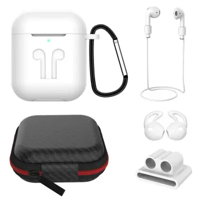 Zaščitni komplet 6-delni za Airpods s silikonskim ovitkom in dodatki White